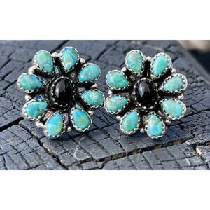 Native American Style Sterling Silver Turquoise Cluster Earrings Onyx Southwest